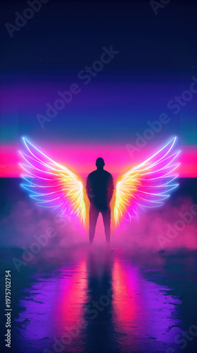 Synthwave Cyberpunk Aesthetic Retro Future person with glowing wings on reflective surface