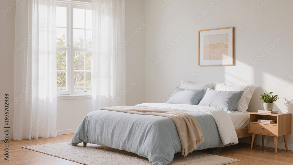 Fototapeta premium Minimalist Bedroom Interior with Soft Blue Bedding and Natural Sunlight
