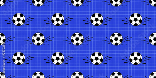 Seamless soccer ball pattern with black and white football elements in a simple vector style. Ideal for kids fabric, wallpaper, and sports-themed backgrounds