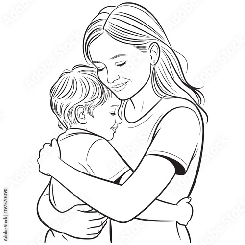 Mother, child, hug, love, family, illustration, vector, line art, black and white, emotional, tender, relationship, parenthood