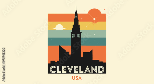 Stylized minimalist illustration of the Cleveland skyline with vibrant sunset sunset colors and iconic city architecture