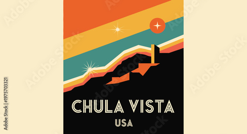 Retro-inspired Chula Vista USA travel poster featuring vibrant sunset hues and stylized landscape with geometric mountain shapes