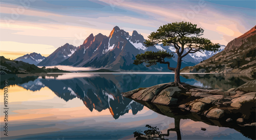 Serene Mountain Lake Landscape with Lone Tree at Sunset