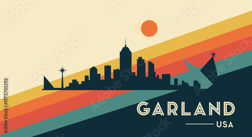 Silhouette of a vibrant city skyline against colorful sunset with artistic rays