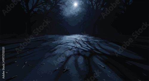 Dark Spooky Forest Road with Moonlight and Tree Shadows Vector