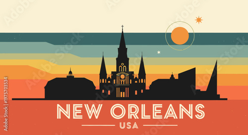 Vibrant silhouette of New Orleans skyline against colorful sunset sky with celestial accents