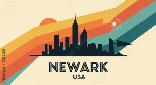 Stylized vintage skyline silhouette of newark city with rainbow sunset backdrop and minimalistic design element emphasizing