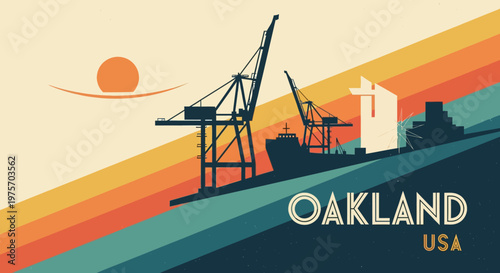 Stylized sunset over Oakland harbor featuring cranes and ships with vibrant rainbow streaks in the sky