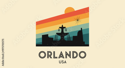 Retro-inspired Orlando cityscape with vibrant sunset hues and iconic fountain silhouette capture the lively essence of Florida's