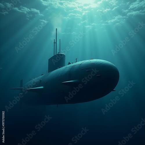 Modern Submarine Underwater in Deep Blue Ocean with Sun Rays, Military Stealth Naval Vessel