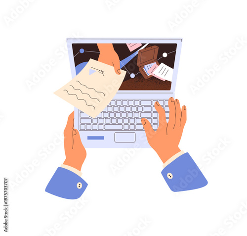 Human hands with laptop top view. Employee, worker getting of online offer from HR through computer screen. Concept of freelance or remote work. Flat isolated vector illustration on white background