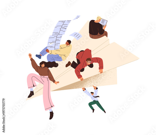 Teamwork, collaboration and business partnership concept. Team of employees achieves work success together. Group of office workers is flying on paper plane. Flat isolated vector illustration on white