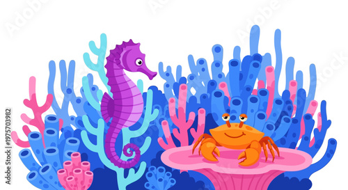 Vibrant underwater scene with a purple seahorse and an orange crab among colorful coral reefs and sea plants, cartoon style.