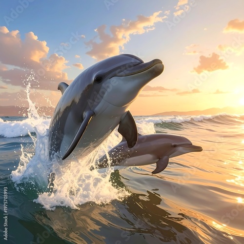A pair of dolphins jumping out of the ocean at sunset
