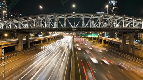 Nighttime Cityscape: Time-Lapse of Traffic Flowing Under Bridge.