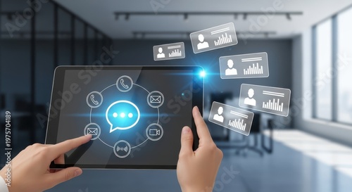 Interactive digital interface showcasing communication and analytics features