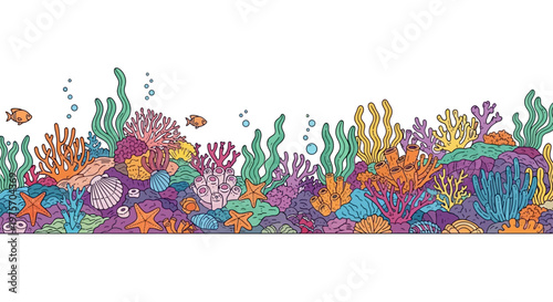 Vibrant hand-drawn illustration of a colorful coral reef teeming with diverse marine life including corals, seaweed, starfish, shells, and small fish against a white background.