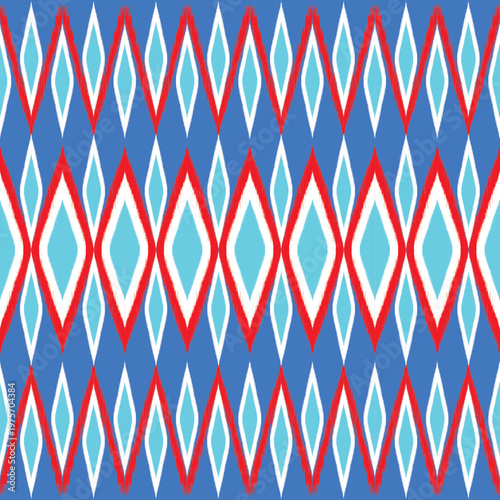 Blue and red ikat fabric pattern on dark blue background. Abstract vector illustration of weaven art design for clothes,carpet,fashion,and decoration