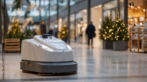 Autonomous floor scrubber cleaning polished tile in large shopping mall concourse with shoppers walking past storefront windows and holiday decorations during evening hours, perfect for commercial m