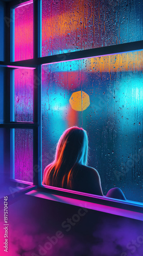 Synthwave Cyberpunk Aesthetic woman by rain covered window with neon reflections