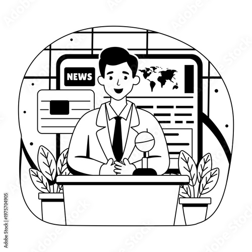 An illustration of a news anchor designed in glyph style