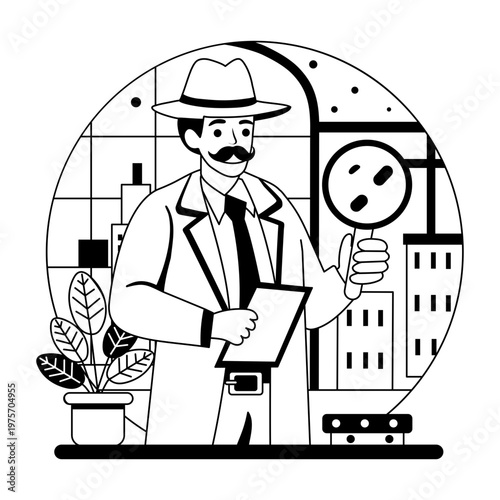 An illustration of a detective designed in glyph style
