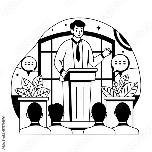 A glyph style illustration showing a ceo giving a speech 
