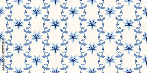 Cobalt blue and white floral seamless pattern with vintage garden flowers and leaves. Grandmillennial floral texture. Retro-inspired background.