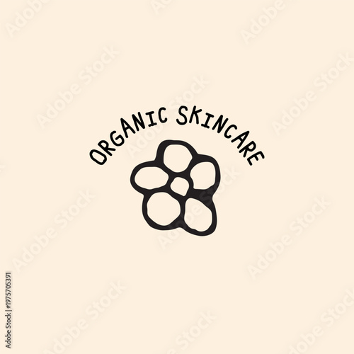 Organic skincare logo template featuring a minimalist hand-drawn flower icon in a whimsical doodle style, perfect for natural beauty brands and eco-friendly products.