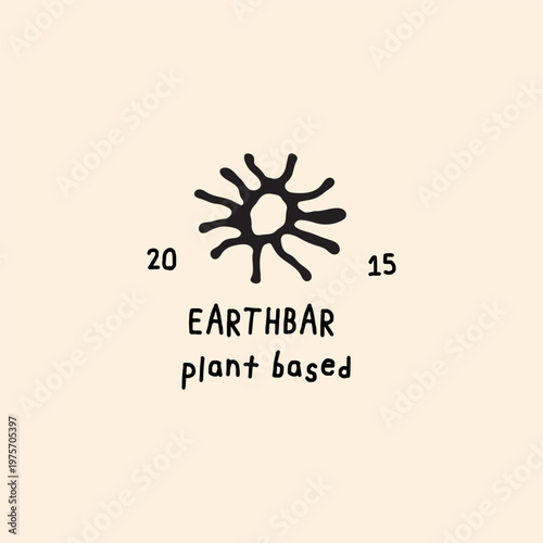 Earthbar plant based logo template with hand drawn organic sun or root symbol in linocut style.