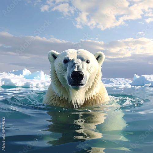 A polar bear swims in icy waters under a cloudy sky