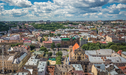 Panorama of Lviv city, view from City Hall tower with Latin Cathedral and former Jesuit Church, Ukraine