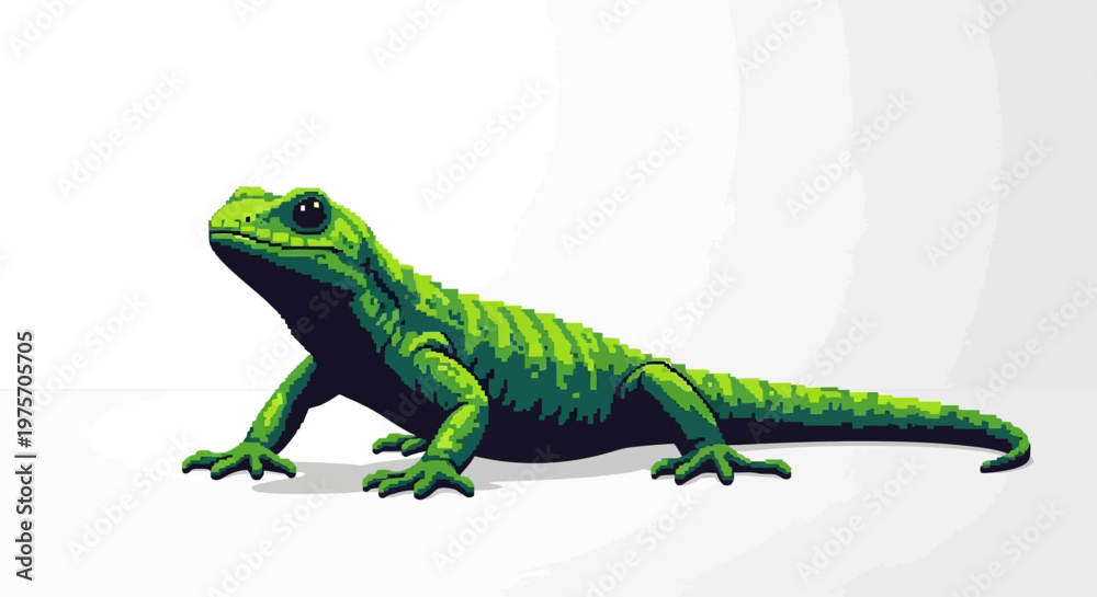 Fototapeta premium A vibrant green lizard with textured skin stands on a white surface against a light grey background, depicted in a stylized, detailed manner.