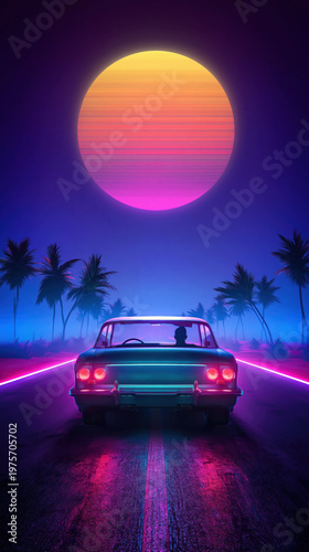 Synthwave Cyberpunk Aesthetic retro car on empty neon road under night sky