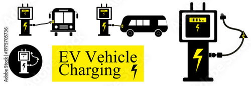 Electric Vehicle Charging Station Vector Icon Set with EV Charger, Electric Bus, Van and Plug Symbols