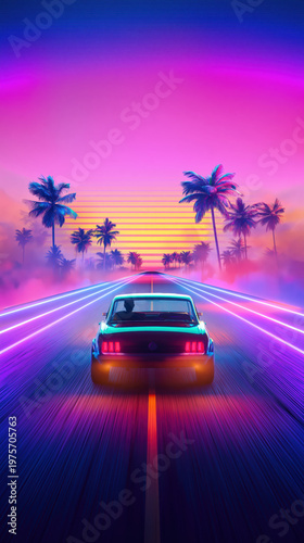 Retro Future Synthwave Cyberpunk Aesthetic retro car on empty neon road at night