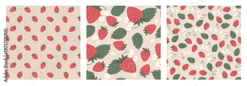 Set of cute seamless patterns with sweet red strawberry fruits on pink gingham and striped background. Summer berry vector design collection for kids fabric, textile, wrapping paper, wallpaper print.