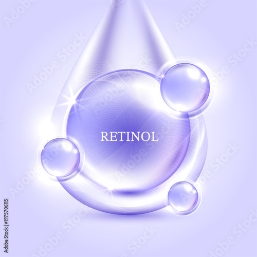 Glowing retinol serum liquid droplet with floating spheres on abstract purple background. Cosmetic skincare anti aging hydration treatment concept for beauty product vector illustration.