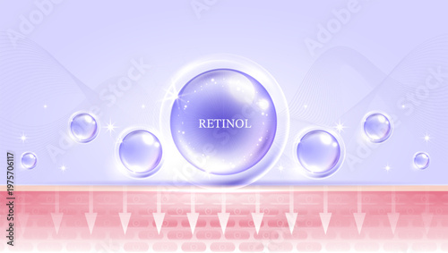 Premium Retinol vitamin A skincare serum deep absorption into skin cells layer concept. Purple glowing bubble with DNA background for medical anti aging cosmetic treatment vector illustration.