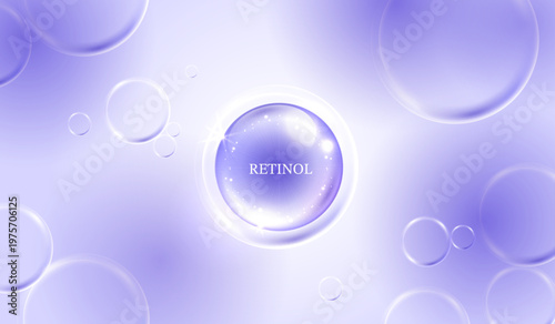Glowing retinol serum liquid droplet with floating spheres on abstract purple background. Cosmetic skincare anti aging hydration treatment concept for beauty product vector illustration.