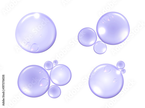 Isolated clear pastel purple liquid water drops on white background. Transparent cosmetic skincare serum bubbles, essence or lavender oil. Hydration moisture beauty vector illustration.