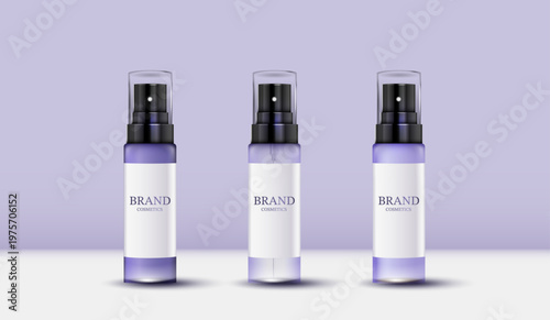 Realistic purple cosmetic spray bottle mockup set with blank white label. 3D beauty product packaging presentation for skincare, perfume, serum or hair spray mist on minimal pastel background.