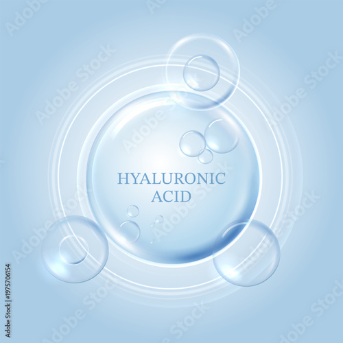 Hyaluronic acid moisture water drop abstract graphic. Blue cosmetic bubble concept for skincare, anti-aging beauty products, medical and scientific design. Hydration serum formula background banner