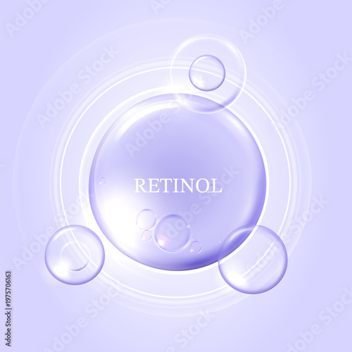 Glowing retinol serum liquid droplet with floating spheres on abstract purple background. Cosmetic skincare anti aging hydration treatment concept for beauty product vector illustration.