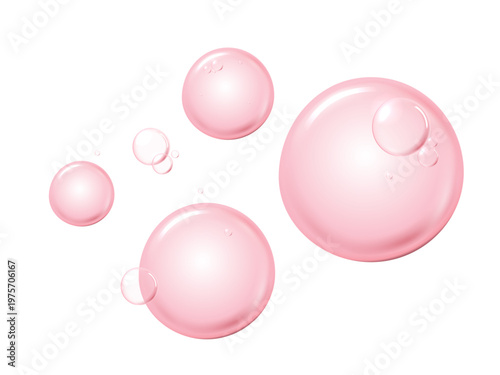 Pink transparent water drops or cosmetic serum bubbles isolated on white background. Abstract liquid graphic for skincare, collagen hydration, anti-aging beauty product design and medical concept.