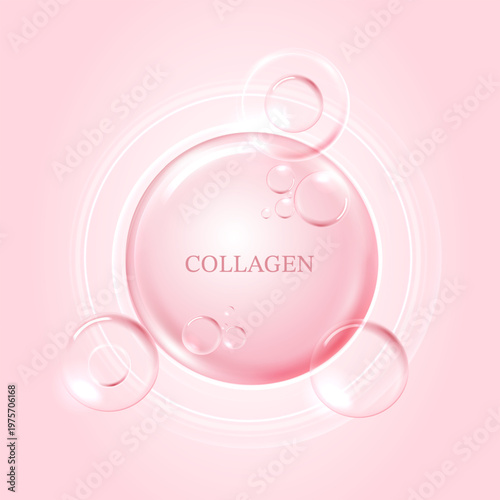 Pink collagen serum water drop bubble with circular ripples. 3D glowing cosmetic background for skin care, hydration beauty product design. Anti-aging molecule cell illustration for medical banner.