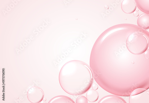 Pink transparent moisture bubbles or cosmetic serum water drops on light background. Abstract liquid graphic for skincare, collagen hydration, anti-aging beauty product design with blank copy space.