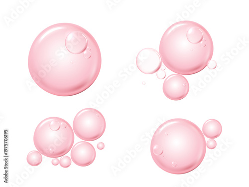 Pink transparent water drops or cosmetic serum bubbles isolated on white background. Abstract liquid graphic for skincare, collagen hydration, anti-aging beauty product design and medical concept.