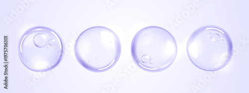Clear purple water drops and cosmetic serum bubbles isolated on light background. Realistic liquid graphic for skincare hydration, hyaluronic acid anti-aging beauty product and medical design banner.