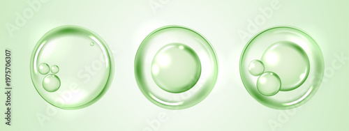 Clear green water drops and cosmetic serum bubbles isolated on light background. Realistic liquid graphic for skincare hydration, hyaluronic acid anti-aging beauty product and medical design banner.